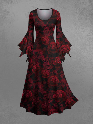 Gothic Ombre Rose Flower Print A Line Dress