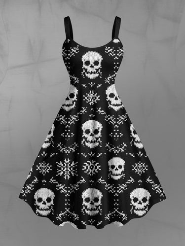 Gothic Plus Size Christmas Snowflake Skull Print A Line Dress