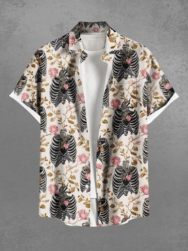 Gothic Plus Size Skeleton Flower Branch Print Button Pocket Shirt For Men
