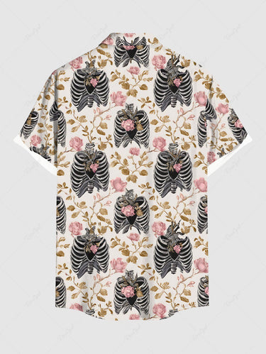 Gothic Plus Size Skeleton Flower Branch Print Button Pocket Shirt For Men