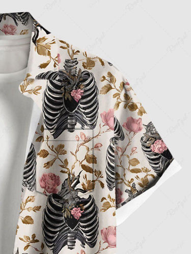 Gothic Plus Size Skeleton Flower Branch Print Button Pocket Shirt For Men
