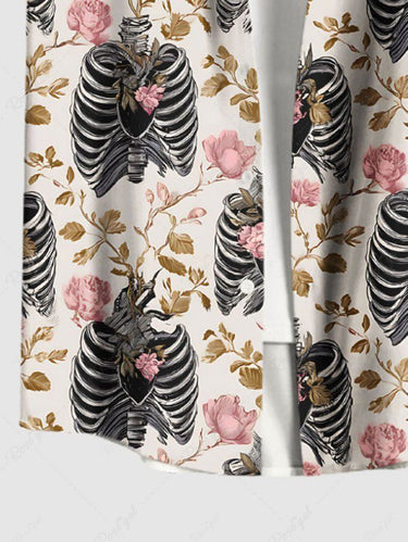 Gothic Plus Size Skeleton Flower Branch Print Button Pocket Shirt For Men