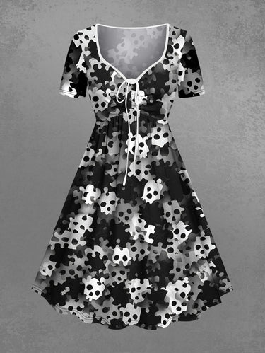 Gothic Plus Size Ombre Skull Print Cinched A Line Dress