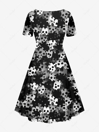 Gothic Plus Size Ombre Skull Print Cinched A Line Dress