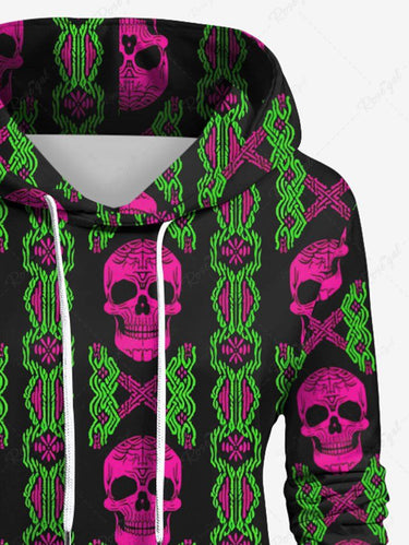 Gothic Plus Size Skull Pattern Block Print Pullover Long Sleeves Hoodie