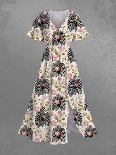Gothic Plus Size Skeleton Flower Branch Print Split Pocket A Line Midi Dress