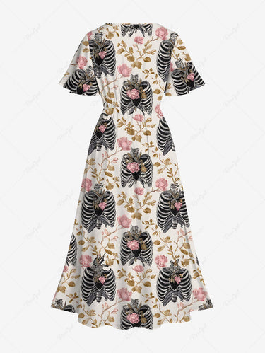 Gothic Plus Size Skeleton Flower Branch Print Split Pocket A Line Midi Dress