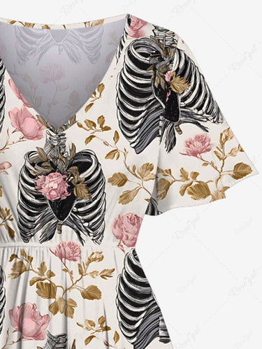 Gothic Plus Size Skeleton Flower Branch Print Split Pocket A Line Midi Dress