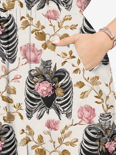Gothic Plus Size Skeleton Flower Branch Print Split Pocket A Line Midi Dress