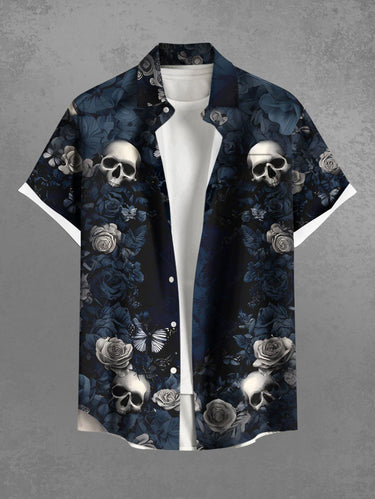 Gothic Plus Size Valentine's Day Skulls Rose Flowers Print Buttons Pocket Shirt For Men