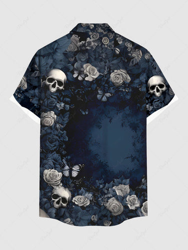 Gothic Plus Size Valentine's Day Skulls Rose Flowers Print Buttons Pocket Shirt For Men