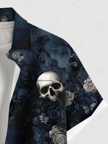 Gothic Plus Size Valentine's Day Skulls Rose Flowers Print Buttons Pocket Shirt For Men