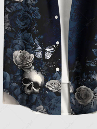Gothic Plus Size Valentine's Day Skulls Rose Flowers Print Buttons Pocket Shirt For Men