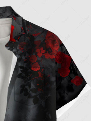 Gothic Plus Size Rose Flower Tie Dye Print Buttons Pocket Shirt For Men