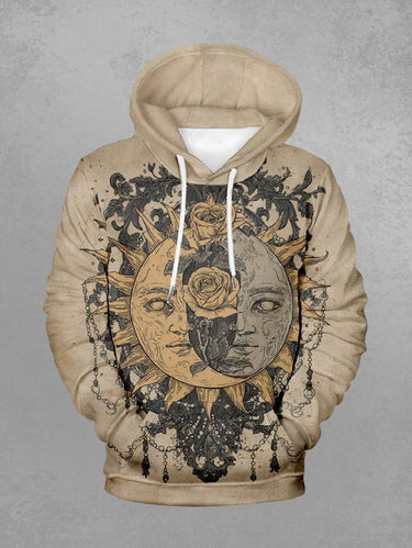 Gothic Plus Size Sun Rose Flowers Print Pocket Drawstring Hoodie For Men