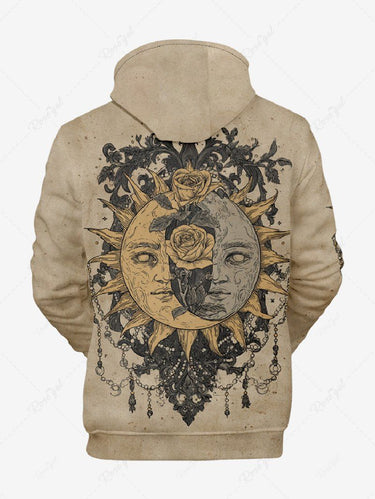 Gothic Plus Size Sun Rose Flowers Print Pocket Drawstring Hoodie For Men