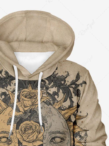 Gothic Plus Size Sun Rose Flowers Print Pocket Drawstring Hoodie For Men