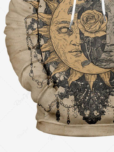 Gothic Plus Size Sun Rose Flowers Print Pocket Drawstring Hoodie For Men