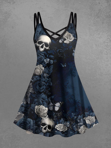 Gothic Plus Size Valentine's Day Skulls Rose Flowers Print Crisscross Cami Dress