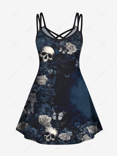 Gothic Plus Size Valentine's Day Skulls Rose Flowers Print Crisscross Cami Dress