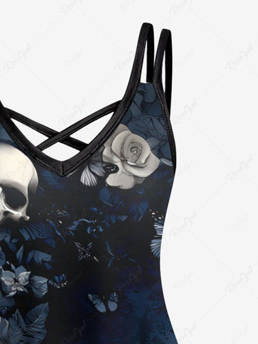 Gothic Plus Size Valentine's Day Skulls Rose Flowers Print Crisscross Cami Dress