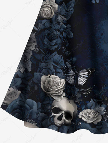 Gothic Plus Size Valentine's Day Skulls Rose Flowers Print Crisscross Cami Dress