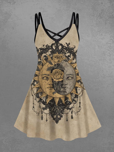 Gothic Plus Size Sun Rose Flowers Print Crisscross Cami Dress
