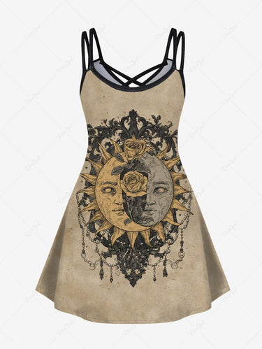 Gothic Plus Size Sun Rose Flowers Print Crisscross Cami Dress