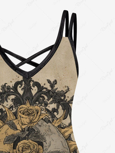 Gothic Plus Size Sun Rose Flowers Print Crisscross Cami Dress