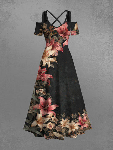 Gothic Plus Size Flowers Leaf Print Cold Shoulder Crisscross Hawaii Maxi Dress