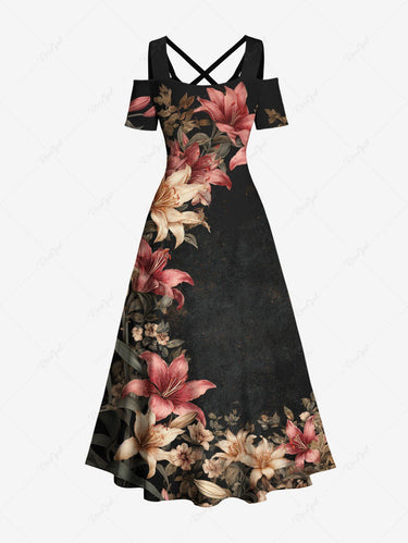 Gothic Plus Size Flowers Leaf Print Cold Shoulder Crisscross Hawaii Maxi Dress