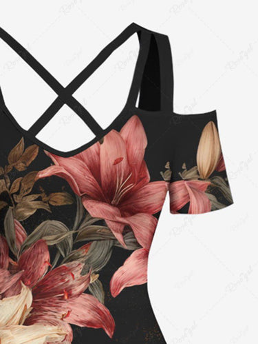 Gothic Plus Size Flowers Leaf Print Cold Shoulder Crisscross Hawaii Maxi Dress