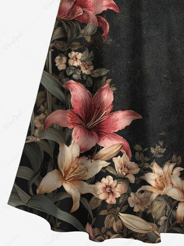 Gothic Plus Size Flowers Leaf Print Cold Shoulder Crisscross Hawaii Maxi Dress