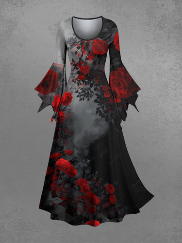 Gothic Rose Flower Tie Dye Print Flare Sleeves Dress