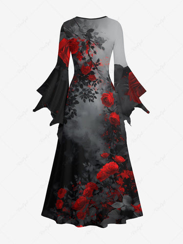 Gothic Rose Flower Tie Dye Print Flare Sleeves Dress