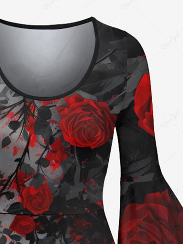 Gothic Rose Flower Tie Dye Print Flare Sleeves Dress