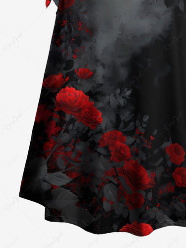 Gothic Rose Flower Tie Dye Print Flare Sleeves Dress