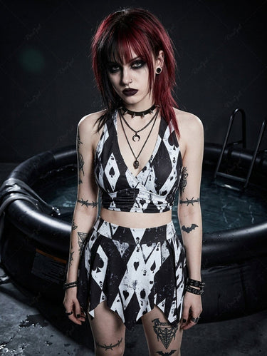 Gothic Poker Graphic Print Plunging Crisscross Strappy Tankini Swimsuit