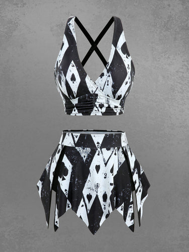 Gothic Poker Graphic Print Plunging Crisscross Strappy Tankini Swimsuit