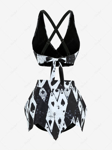 Gothic Poker Graphic Print Plunging Crisscross Strappy Tankini Swimsuit