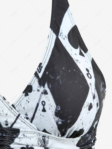 Gothic Poker Graphic Print Plunging Crisscross Strappy Tankini Swimsuit