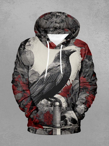 Gothic Plus Size Skull Crow Flower Print Pullover Long Sleeves Hoodie For Men