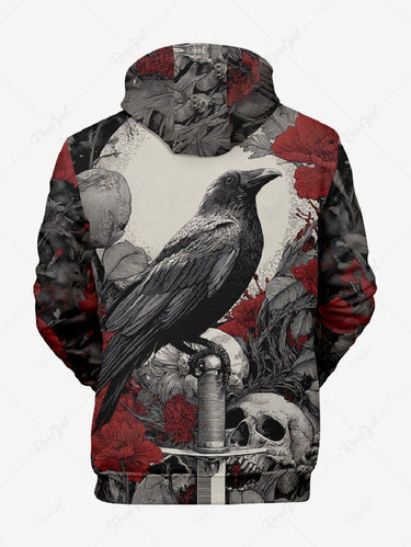 Gothic Plus Size Skull Crow Flower Print Pullover Long Sleeves Hoodie For Men