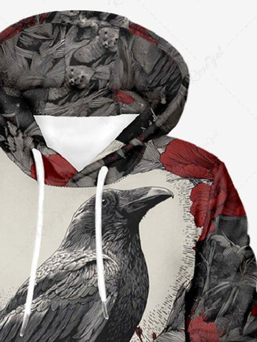Gothic Plus Size Skull Crow Flower Print Pullover Long Sleeves Hoodie For Men