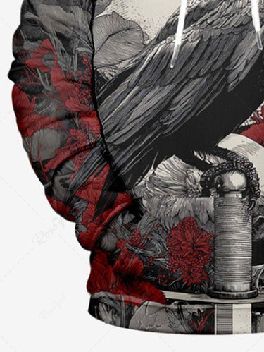 Gothic Plus Size Skull Crow Flower Print Pullover Long Sleeves Hoodie For Men