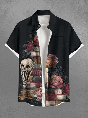 Gothic Plus Size Skull Flower Books Candle Print Button Pocket Shirt For Men