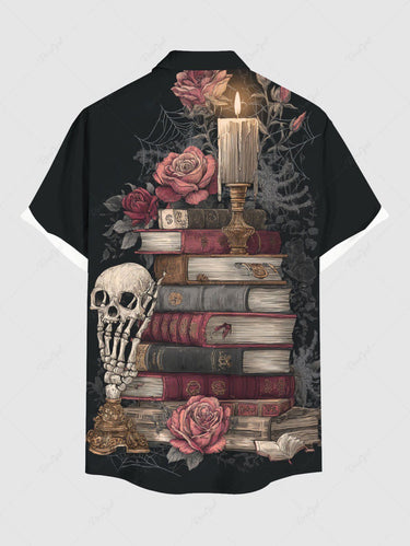 Gothic Plus Size Skull Flower Books Candle Print Button Pocket Shirt For Men