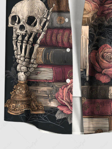 Gothic Plus Size Skull Flower Books Candle Print Button Pocket Shirt For Men