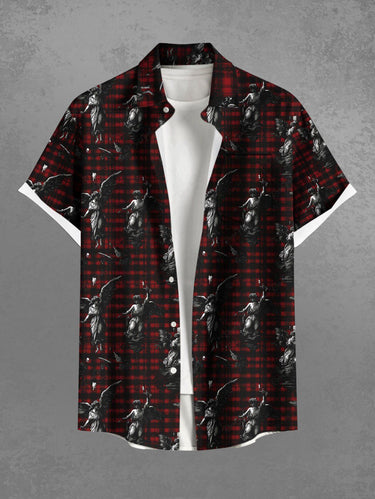 Gothic Plus Size Plaid Goddess Statue Print Button Pocket Shirt For Men