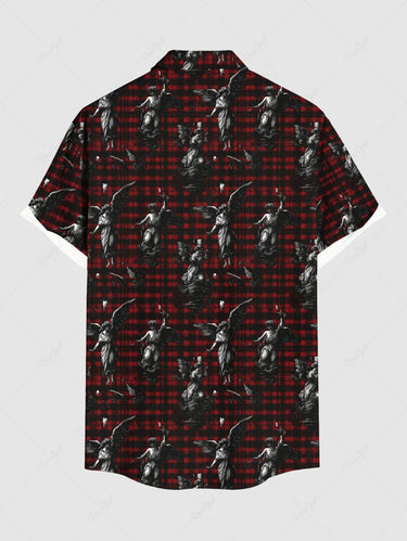Gothic Plus Size Plaid Goddess Statue Print Button Pocket Shirt For Men